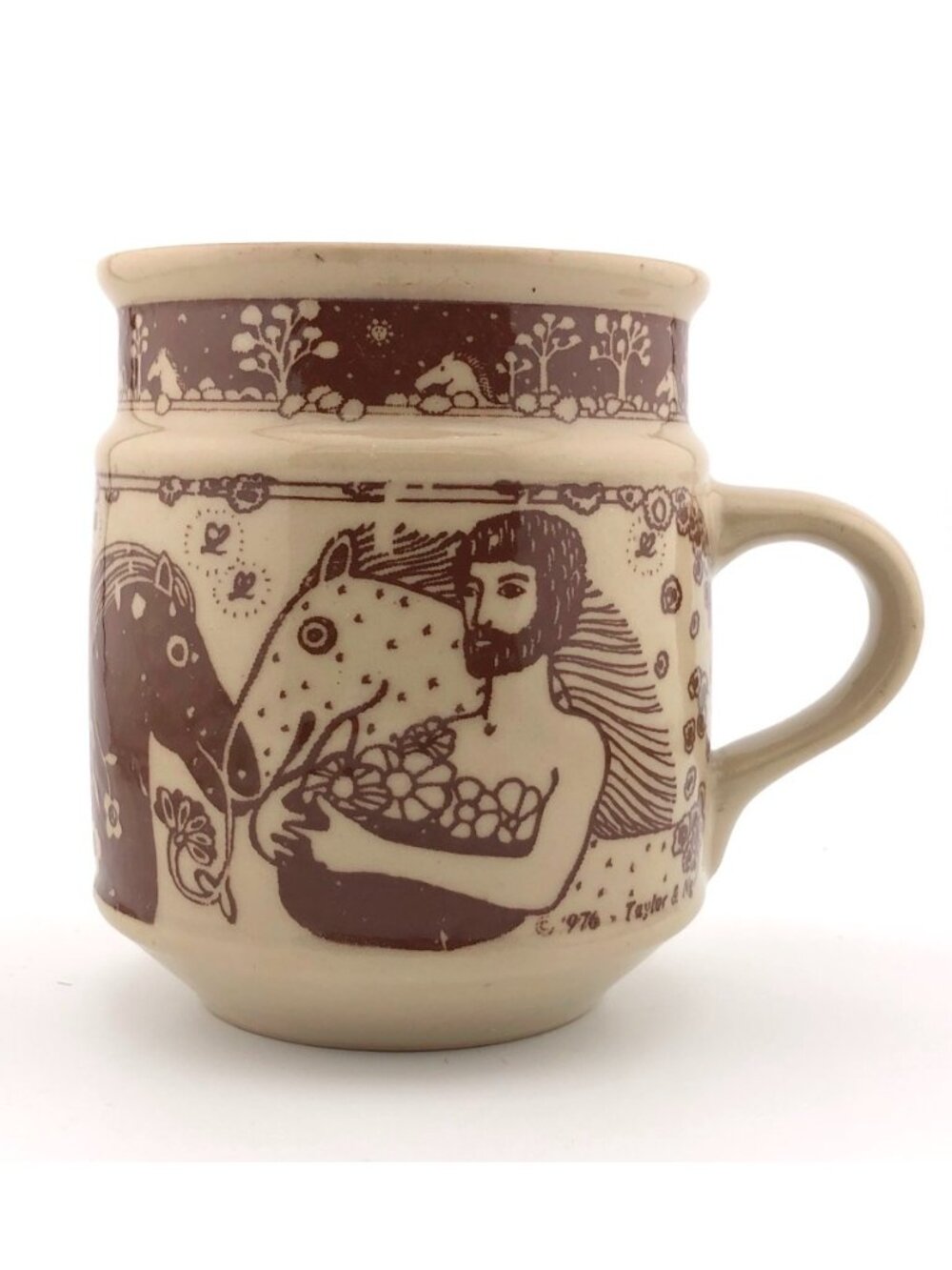 Taylor & Ng Garden of Eden Mug Adam With Horses Brown Glaze Vintage 1976 Win Ng